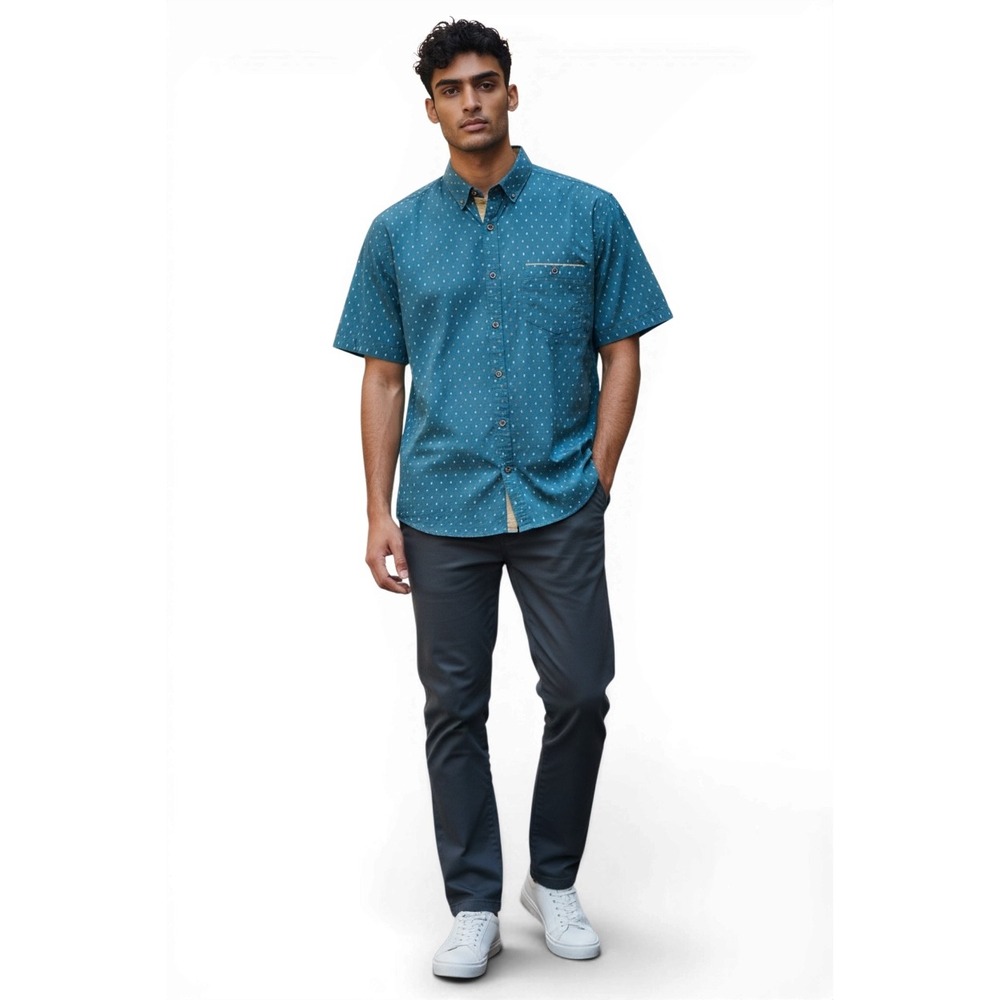 Men's SZ Large Short Sleeve Button Down Shirt. Blue Teal Geometric. Vacation Fun